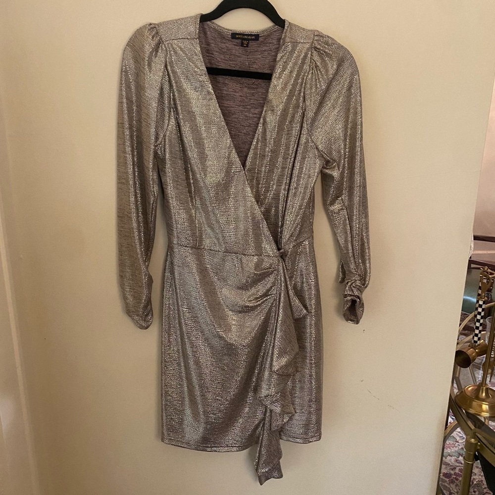 SKIES ARE BLUE metallic mini dress with long sleeves and draped bodice size XS